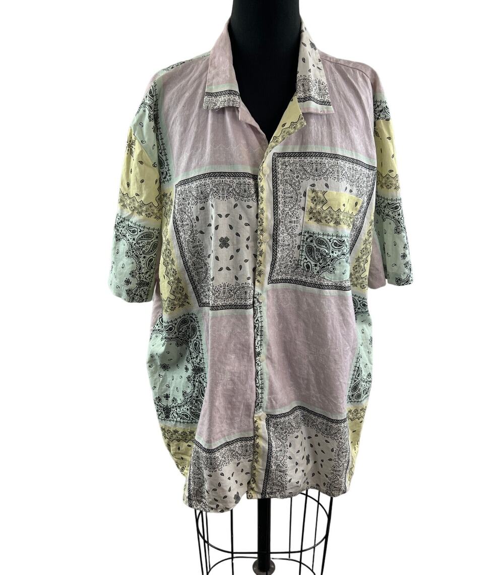 ZARA Mens Relaxed Fit Bandana Print Button Down Shirt Top Pastels Size L Large